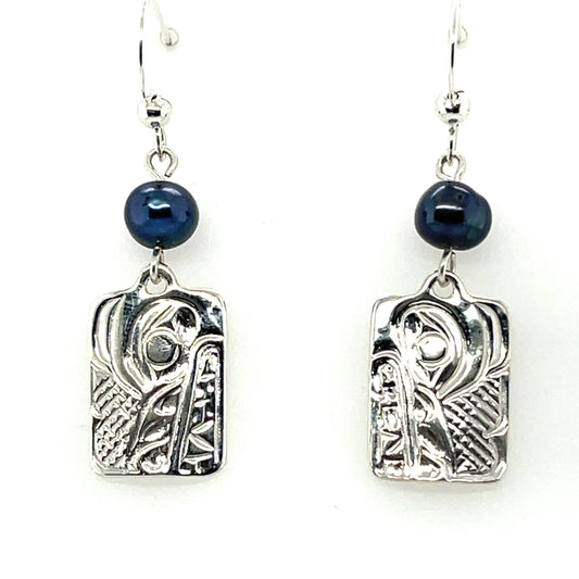 Earrings - Sterling Silver - Cast - Drop - Rectangle - Wolf - Dyed Pearl