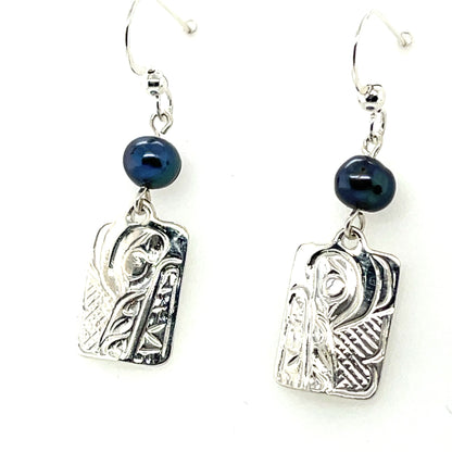 Earrings - Sterling Silver - Cast - Drop - Rectangle - Wolf - Dyed Pearl