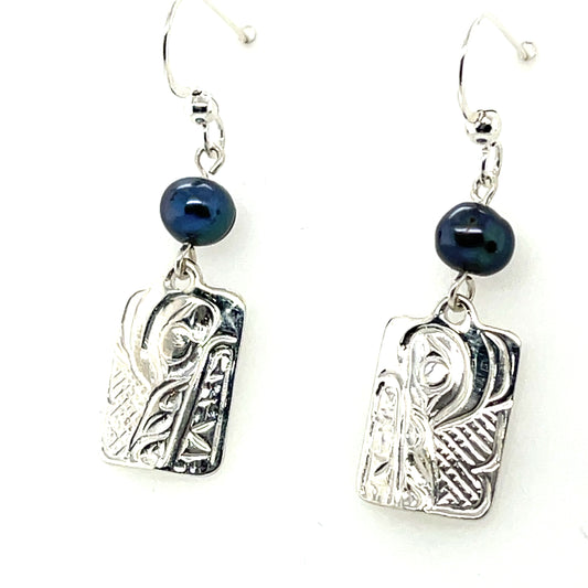 Earrings - Sterling Silver - Cast - Drop - Rectangle - Wolf - Dyed Pearl