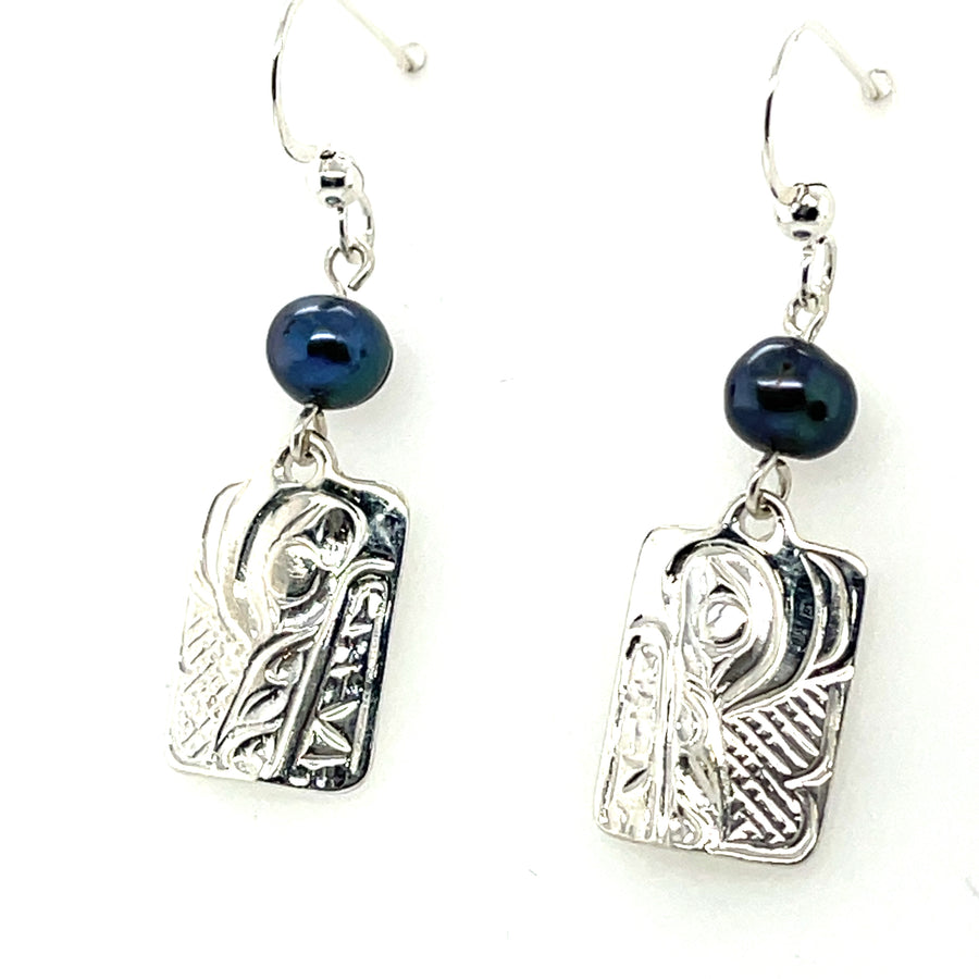 Earrings - Sterling Silver - Drop - Rectangle - Wolf - Dyed Pearl