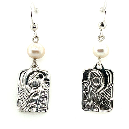 Earrings - Sterling Silver - Cast - Drop - Rectangle - Wolf - Pearl