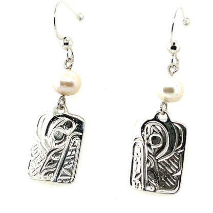 Earrings - Sterling Silver - Cast - Drop - Rectangle - Wolf - Pearl