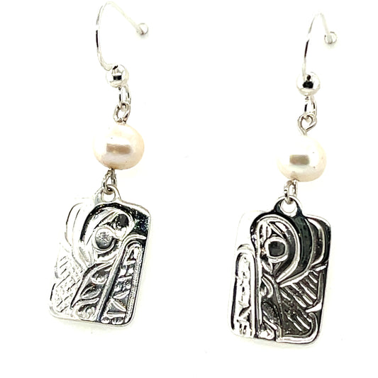 Earrings - Sterling Silver - Cast - Drop - Rectangle - Wolf - Pearl