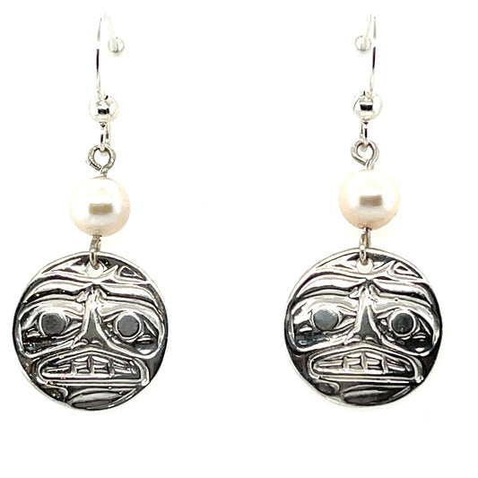 Earrings - Sterling Silver - Cast - Drop - Round - Moon - Pearl