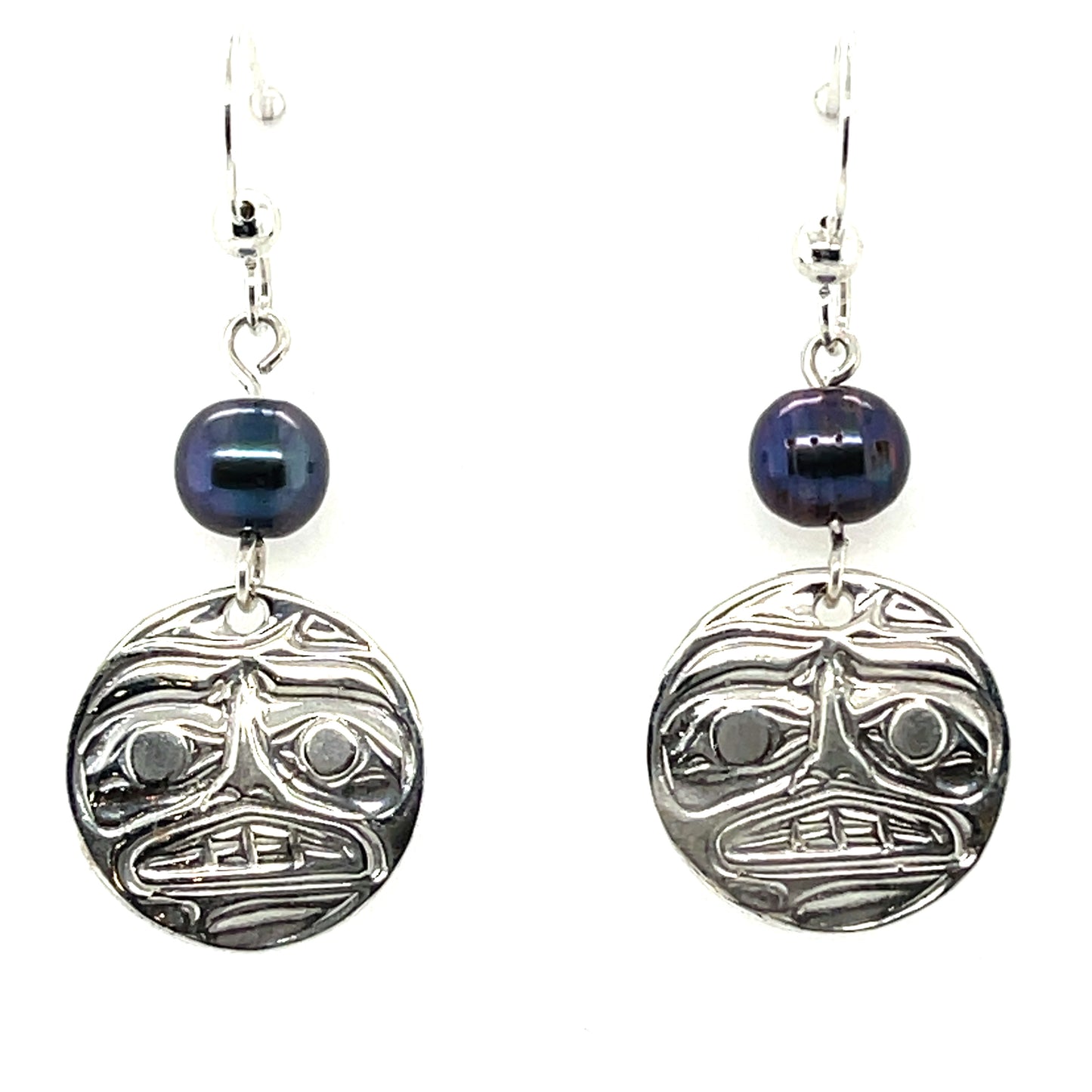 Earrings - Sterling Silver - Cast - Drop - Round - Moon - Dyed Pearl