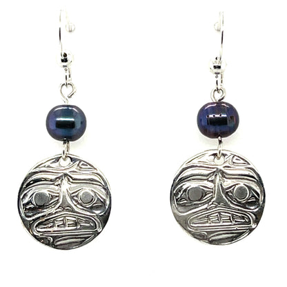 Earrings - Sterling Silver - Cast - Drop - Round - Moon - Dyed Pearl