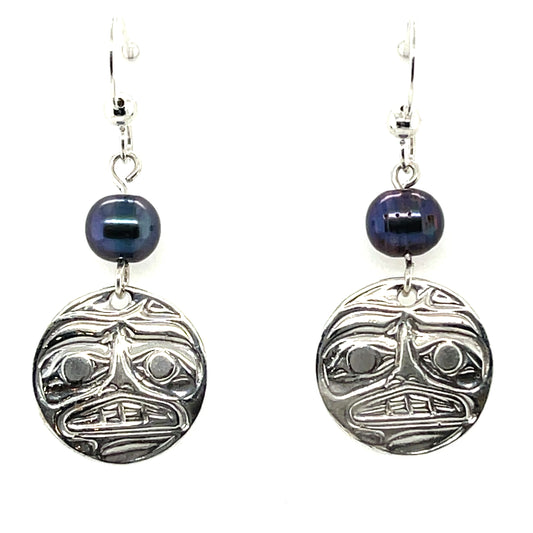 Earrings - Sterling Silver - Cast - Drop - Round - Moon - Dyed Pearl