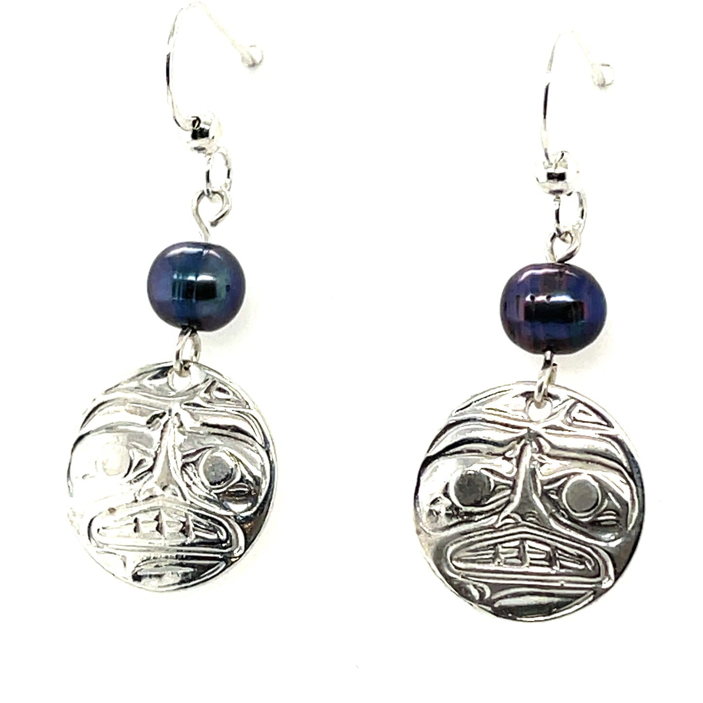 Earrings - Sterling Silver - Cast - Drop - Round - Moon - Dyed Pearl