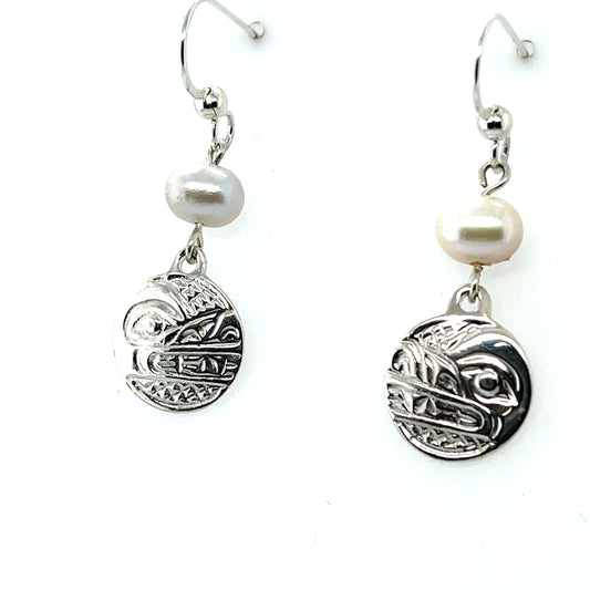 Earrings - Sterling Silver - Cast - Drop - Small - Round - Wolf - Pearl