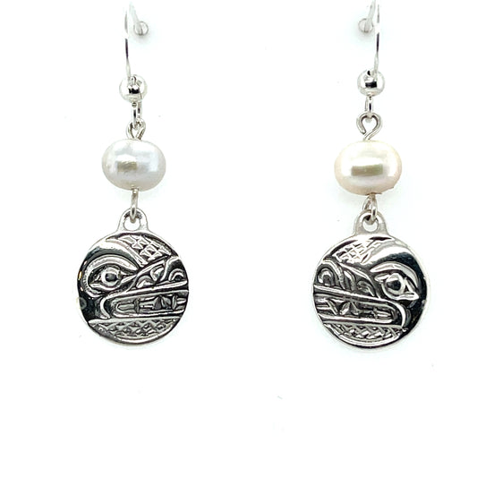 Earrings - Sterling Silver - Cast - Drop - Small - Round - Wolf - Pearl