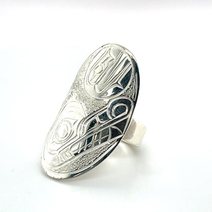 Ring - Sterling Silver - Oval - Wolf & Moon - size 5.75
