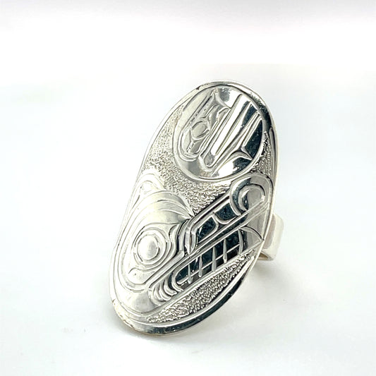 Ring - Sterling Silver - Oval - Wolf & Moon - size 5.75