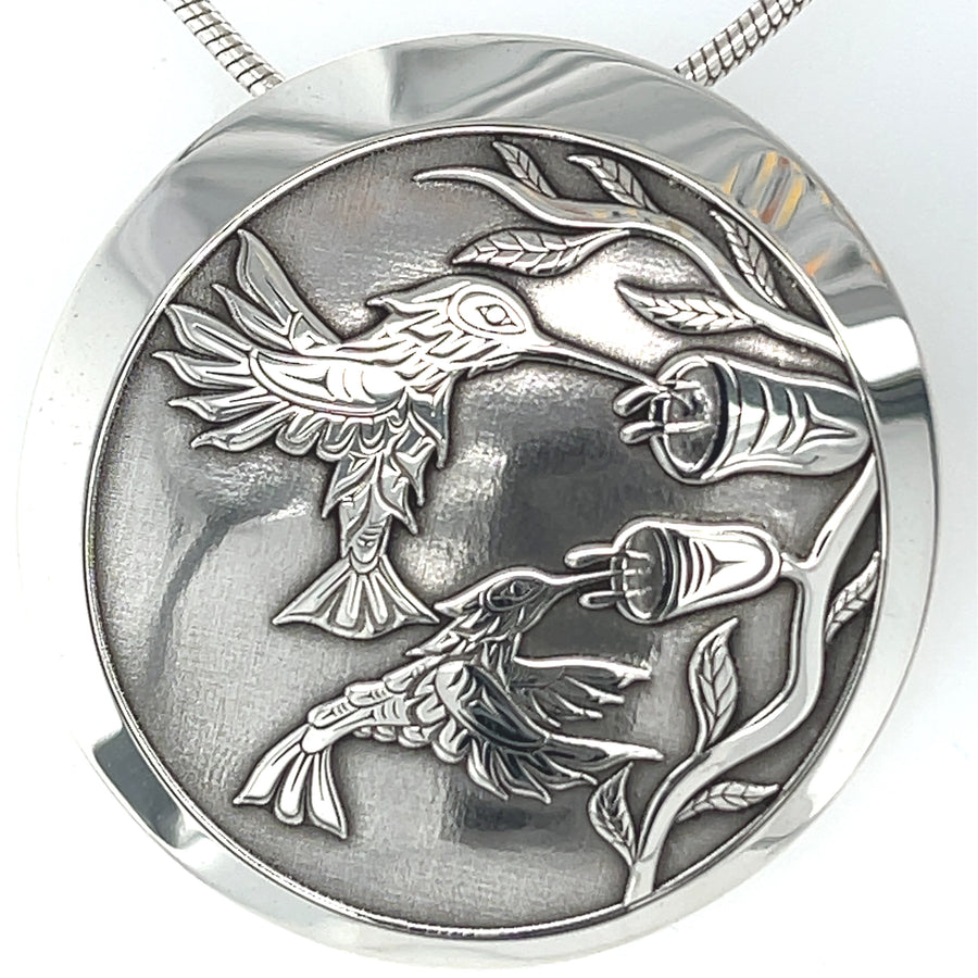 Pendant - Sterling Silver - Round  - Hummingbirds & Floral
