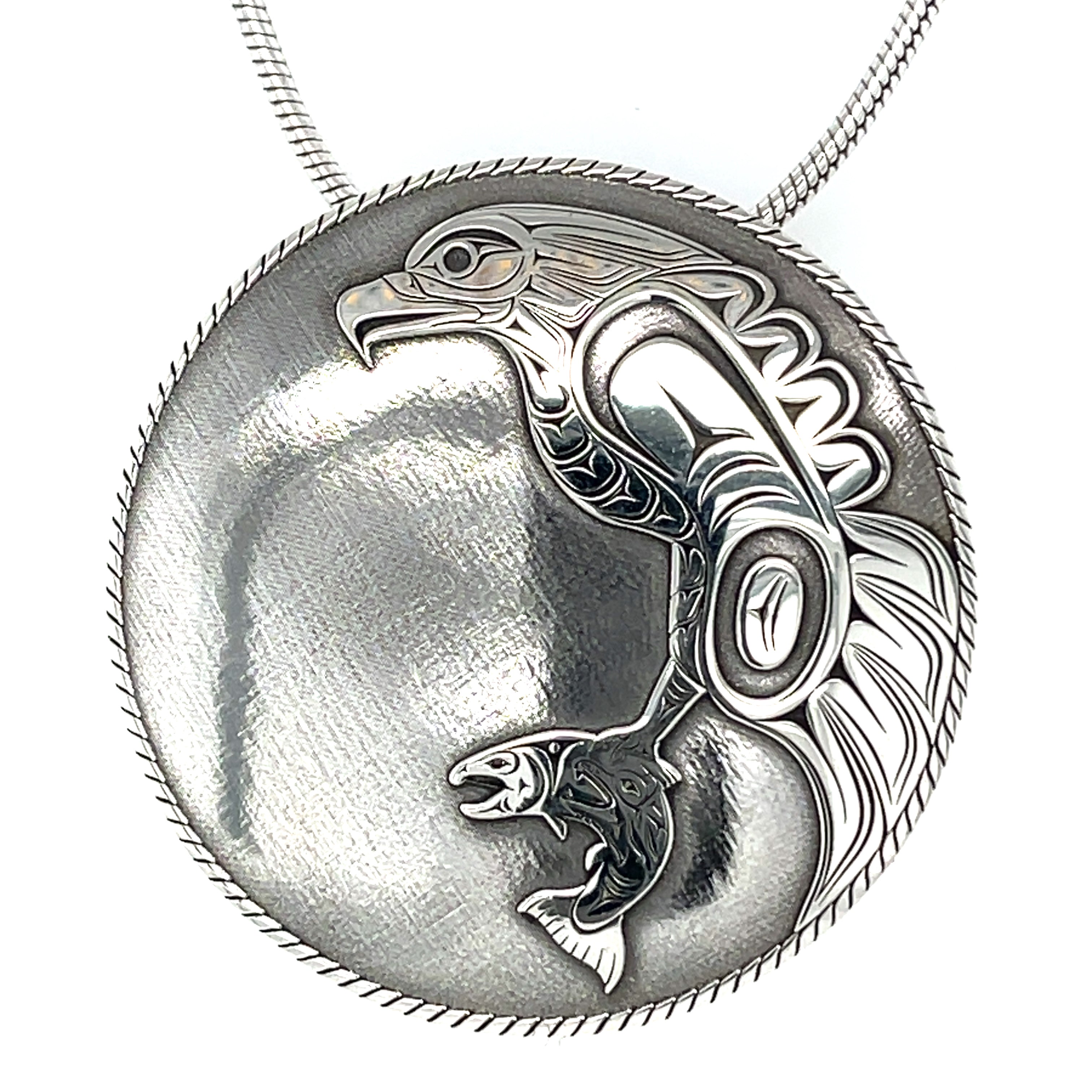 Pendant - Sterling Silver - Round  - Eagle &amp; Salmon