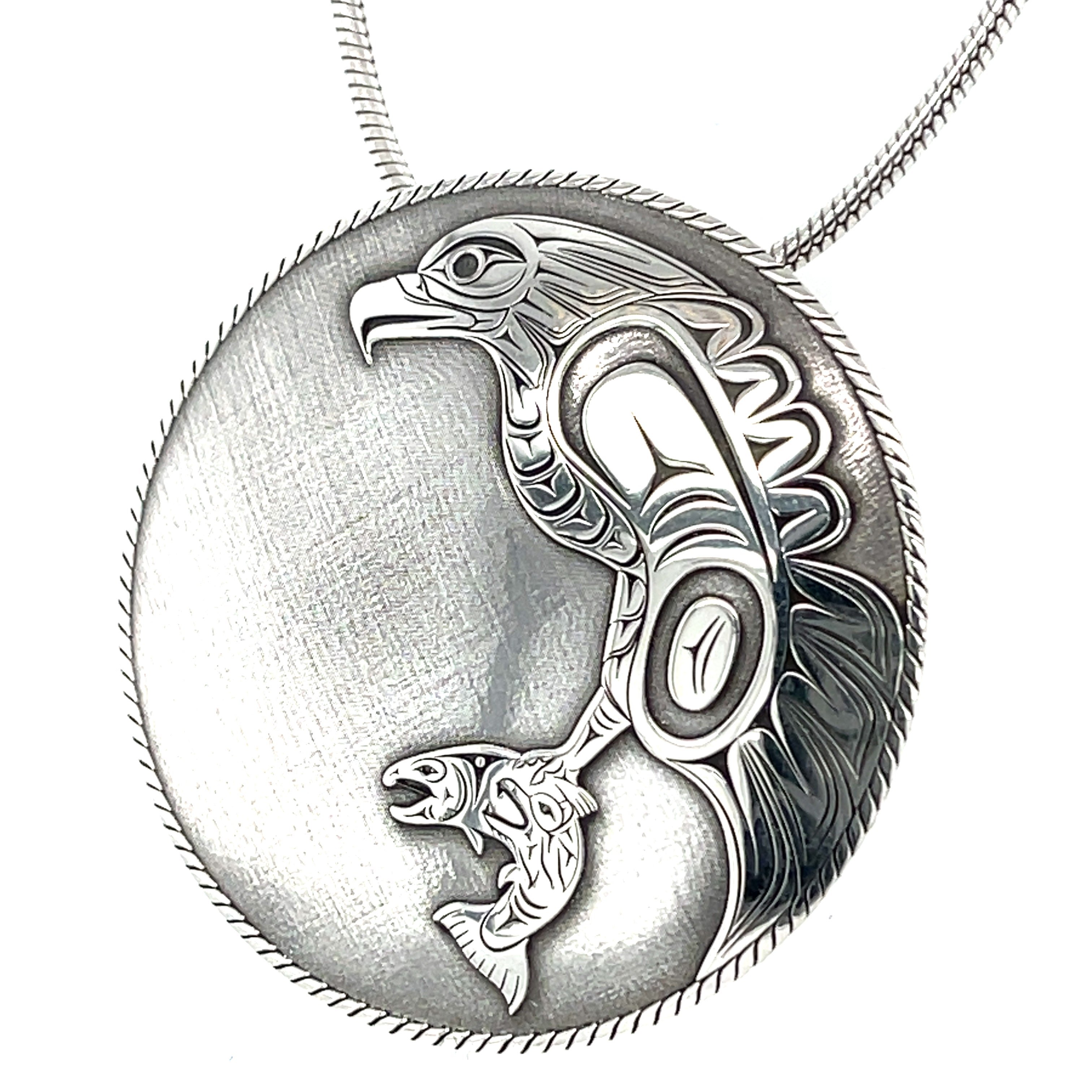 Pendant - Sterling Silver - Round  - Eagle &amp; Salmon