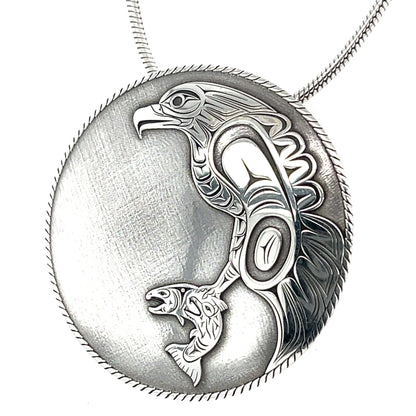 Pendant - Sterling Silver - Round  - Eagle & Salmon