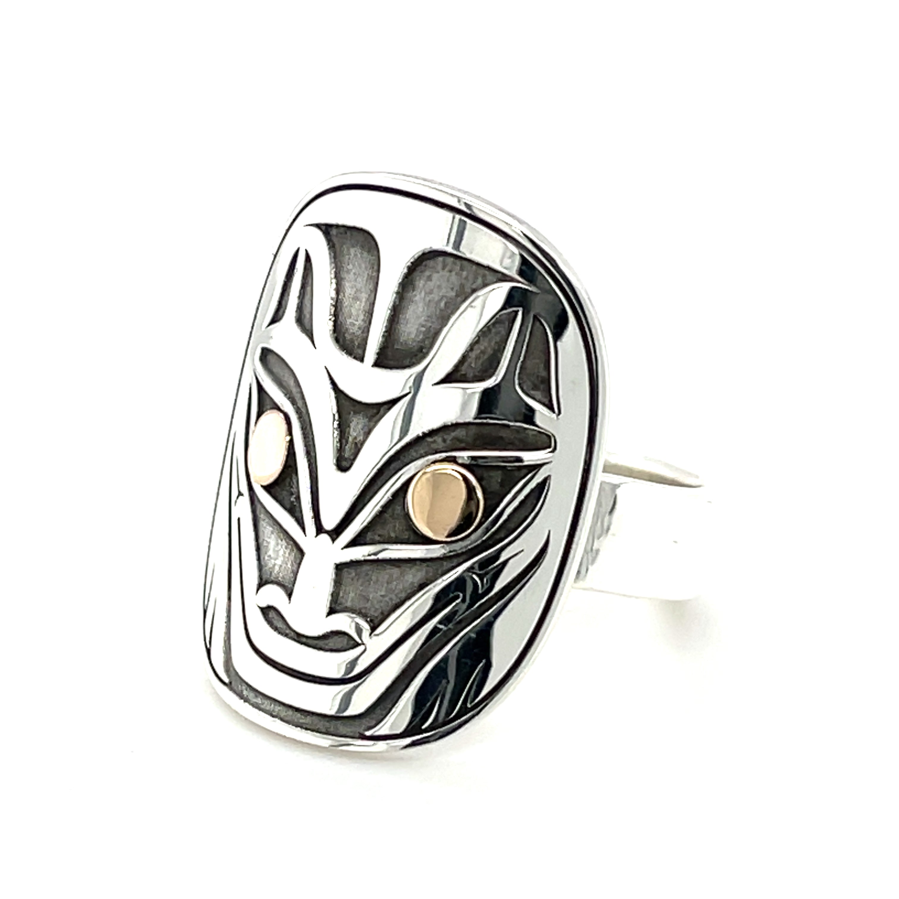 Ring - Sterling Silver &amp; Gold - Oval Face - Wolf - Size 8