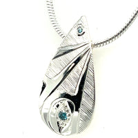 Pendant - Sterling Silver - Teardrop - Hummingbirds - Blue Diamonds
