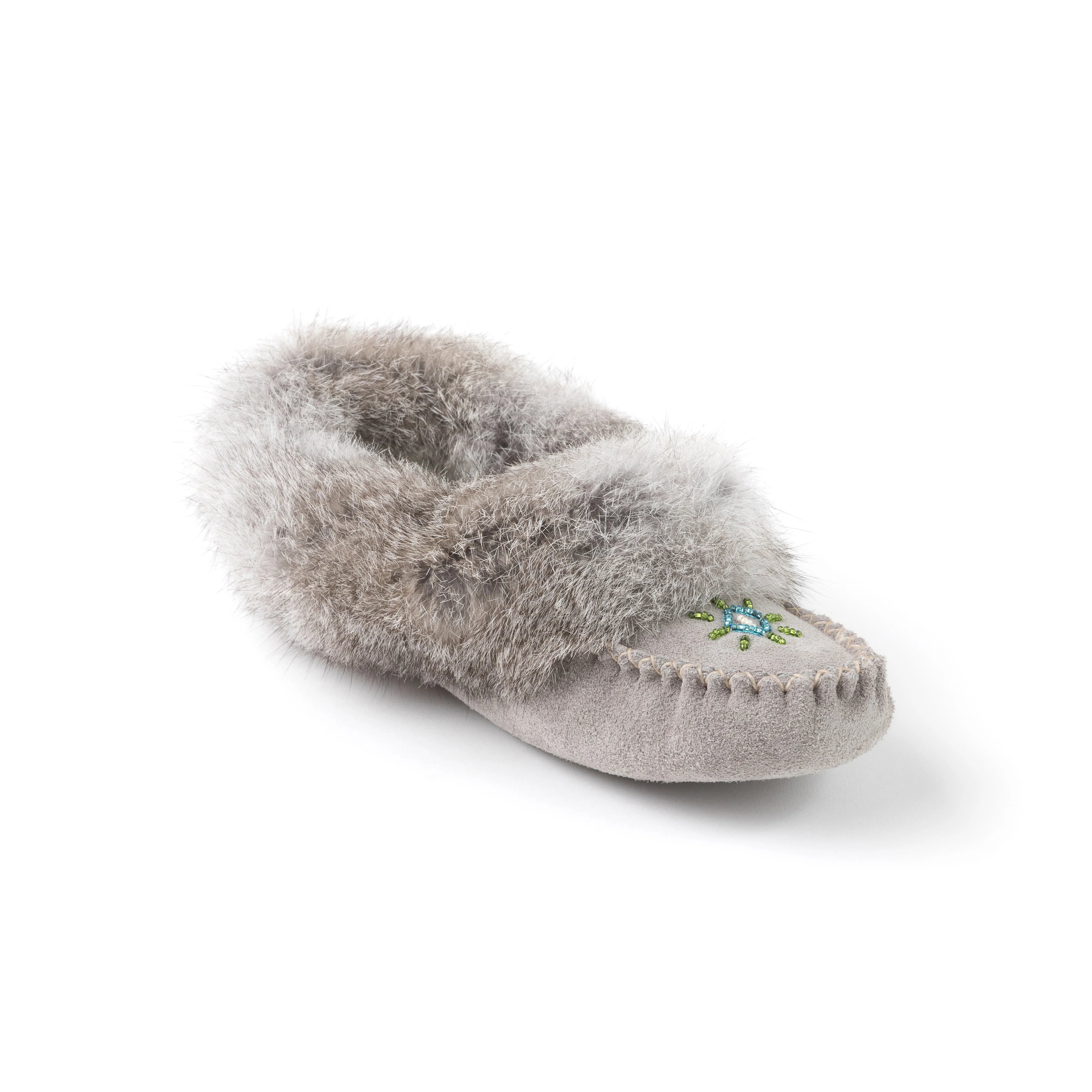 Moccasins - Ladies&#39; - Grey Suede - Grey Rabbit Fur - TÄNIONNIENHA’