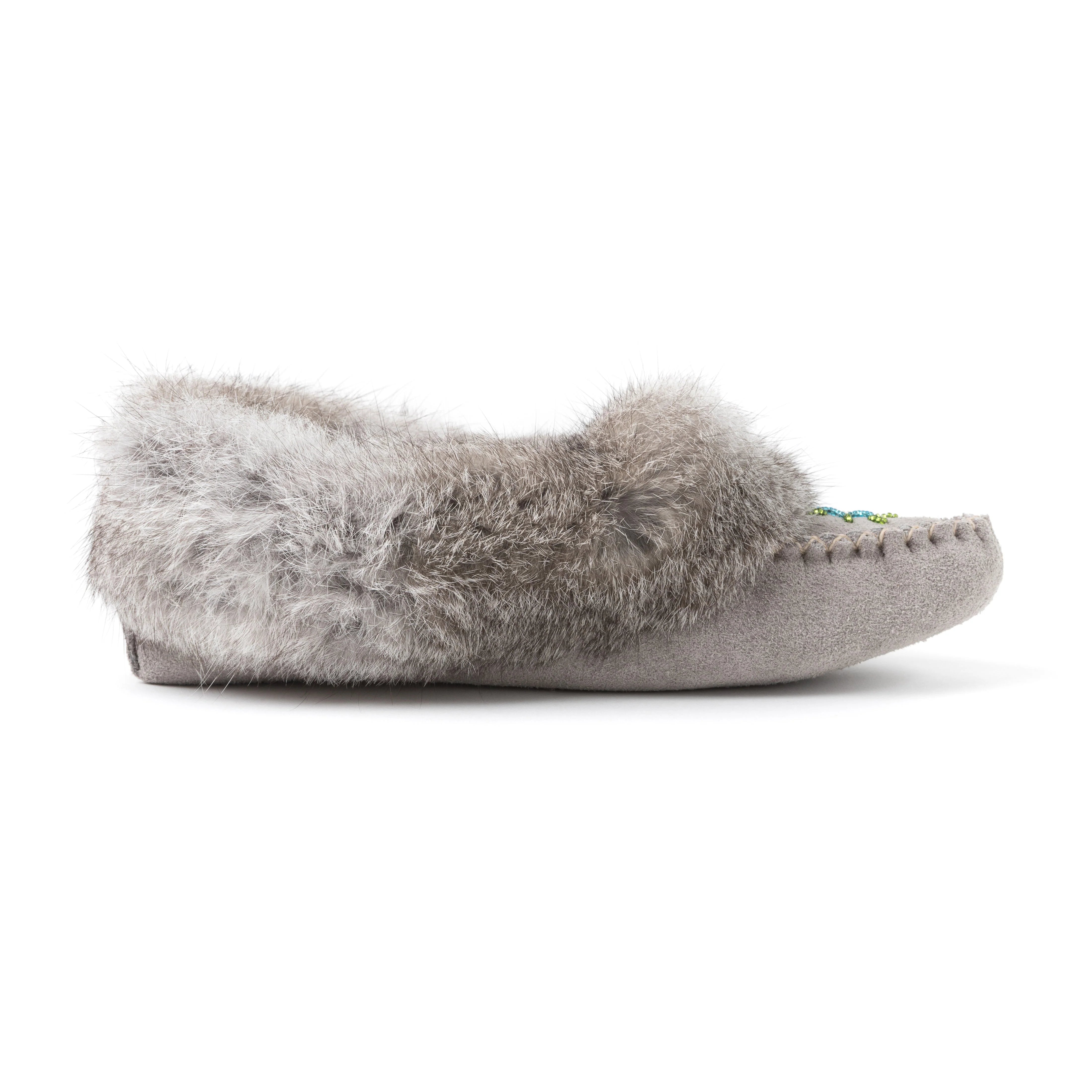 Moccasins - Ladies&#39; - Grey Suede - Grey Rabbit Fur - TÄNIONNIENHA’