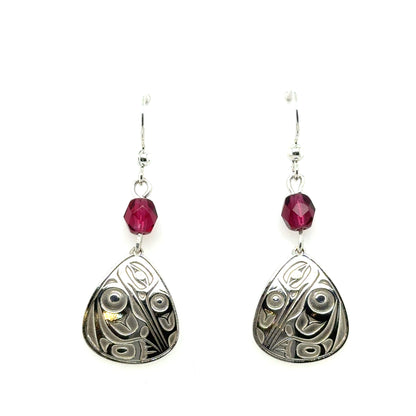 Earrings - Sterling Silver - Drop - Triangle - Hummingbird - Small - Fuchsia Czech Glass Beads