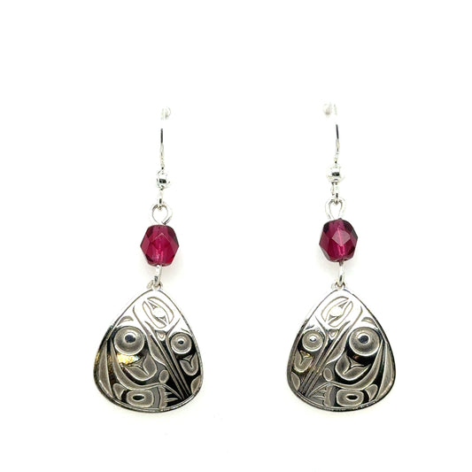 Earrings - Sterling Silver - Drop - Triangle - Hummingbird - Small - Fuchsia Czech Glass Beads