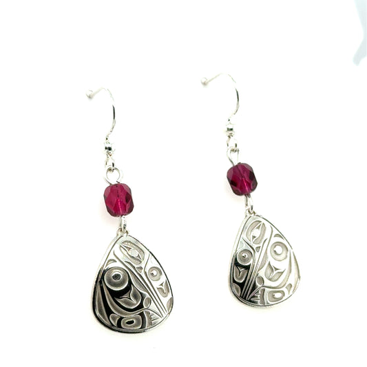 Earrings - Sterling Silver - Drop - Triangle - Hummingbird - Small - Fuchsia Czech Glass Beads