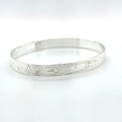 Bangle - Sterling Silver - 1/4" - Wolf & Hummingbird - Shorter Length