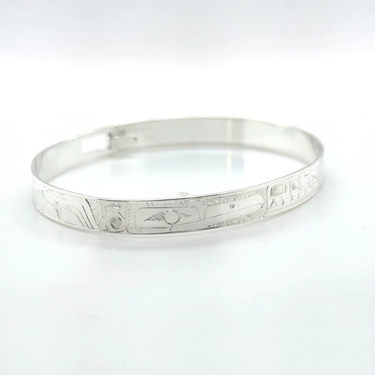 Bangle - Sterling Silver - 1/4" - Wolf & Hummingbird - Shorter Length