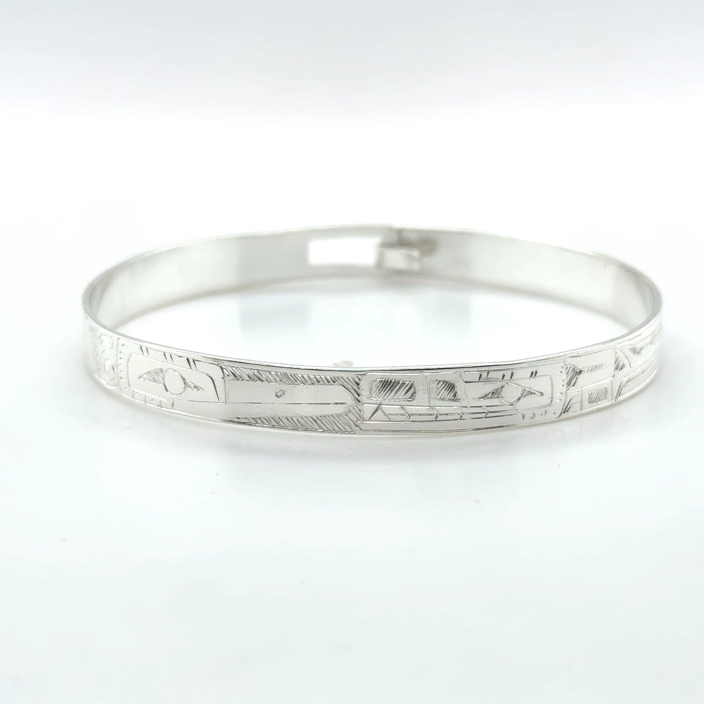 Bangle - Sterling Silver - 1/4" - Wolf & Hummingbird - Shorter Length