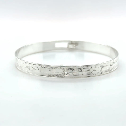 Bangle - Sterling Silver - 1/4" - Wolf & Hummingbird - Shorter Length