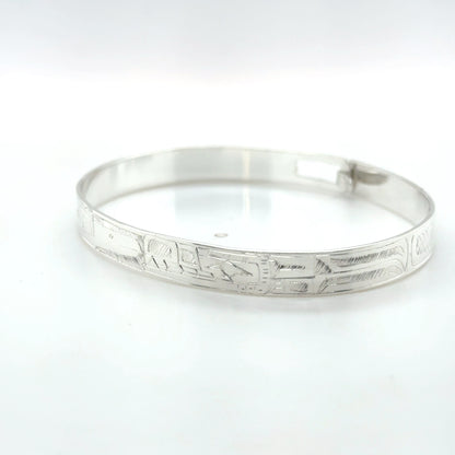Bangle - Sterling Silver - 1/4" - Wolf & Hummingbird - Shorter Length