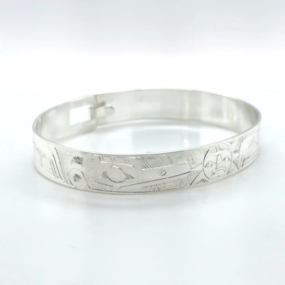 Bangle - Sterling Silver - 3/8" - Eagle, Sun, & Hummingbird - Shorter Length