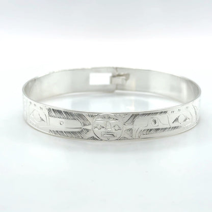 Bangle - Sterling Silver - 3/8" - Eagle, Sun, & Hummingbird - Shorter Length