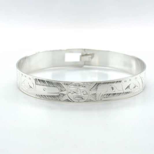 Bangle - Sterling Silver - 3/8" - Eagle, Sun, & Hummingbird - Shorter Length