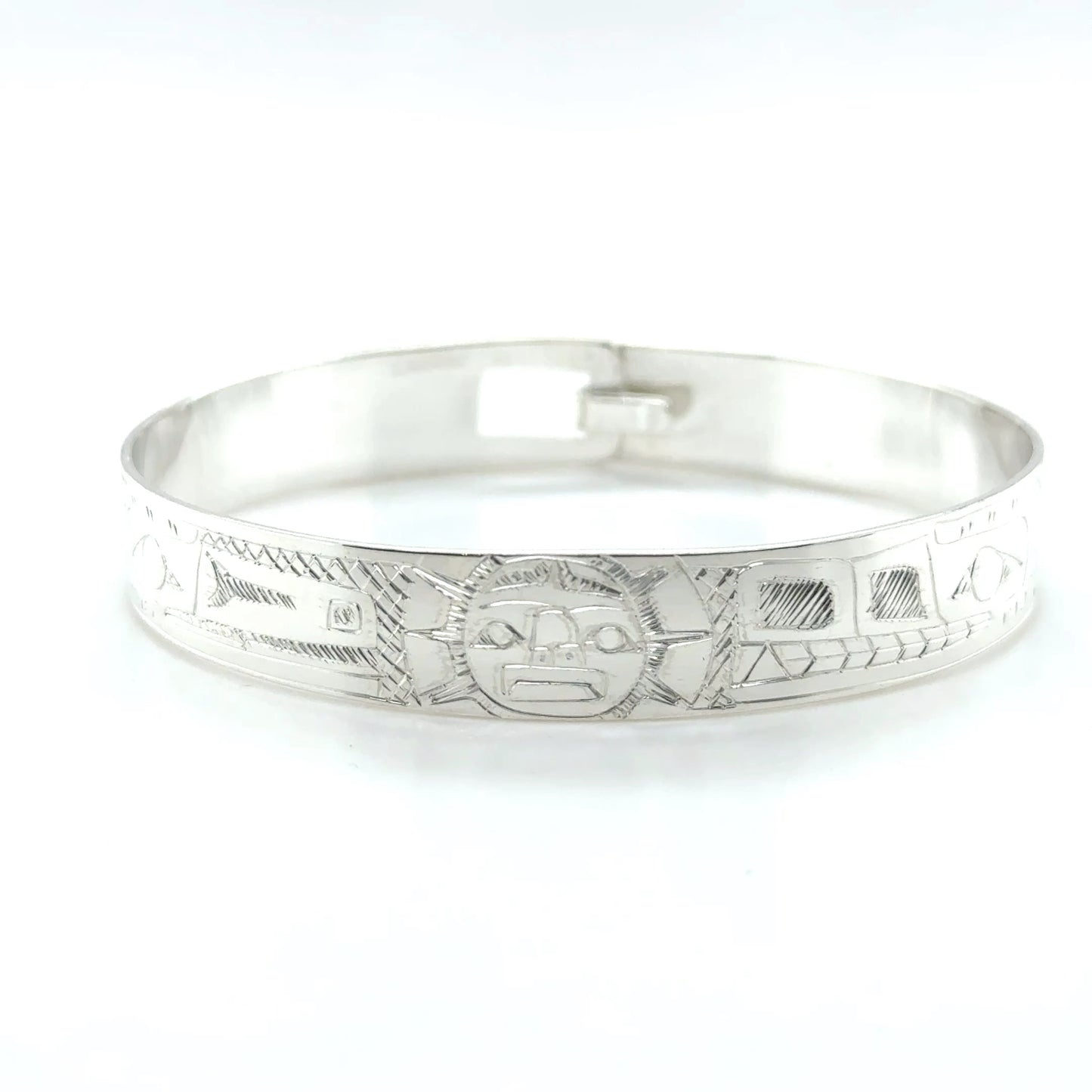 Bangle - Sterling Silver - 3/8" - Raven,  Moon, & Wolf - Shorter Length