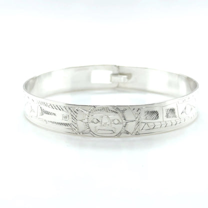 Bangle - Sterling Silver - 3/8" - Raven,  Moon, & Wolf - Shorter Length