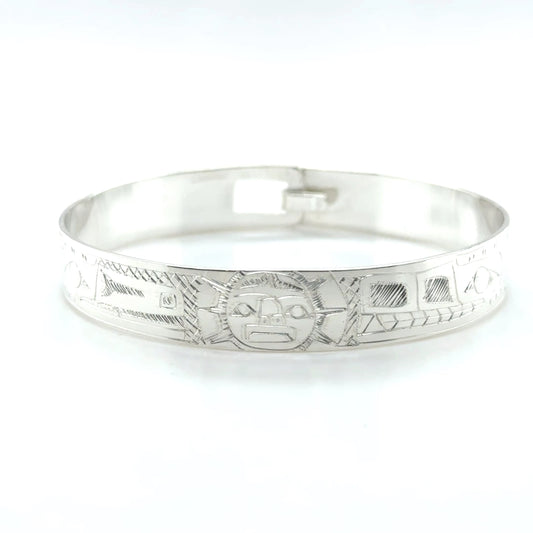 Bangle - Sterling Silver - 3/8" - Raven,  Moon, & Wolf - Shorter Length