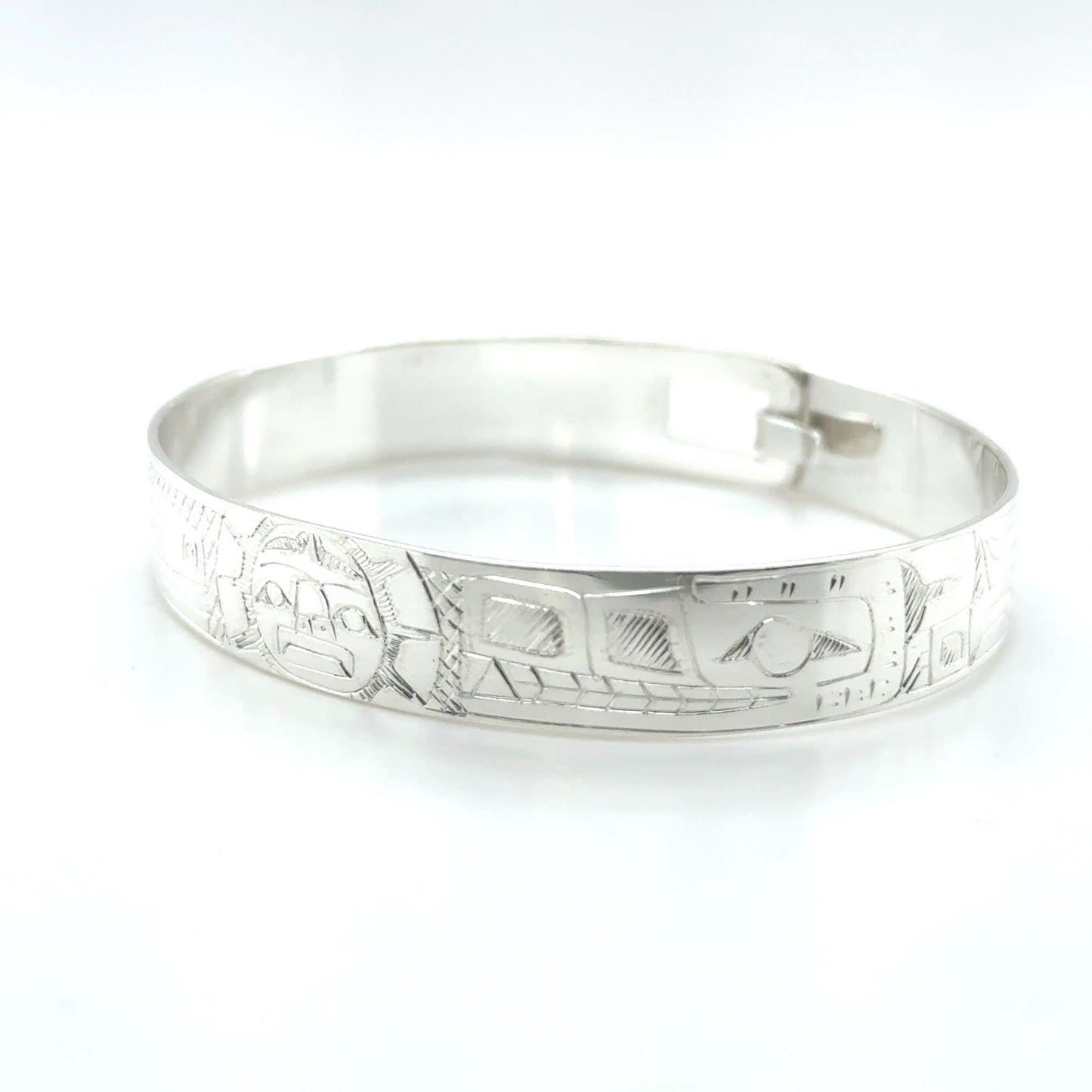 Bangle - Sterling Silver - 3/8" - Raven,  Moon, & Wolf - Shorter Length