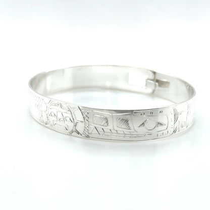 Bangle - Sterling Silver - 3/8" - Raven,  Moon, & Wolf - Shorter Length