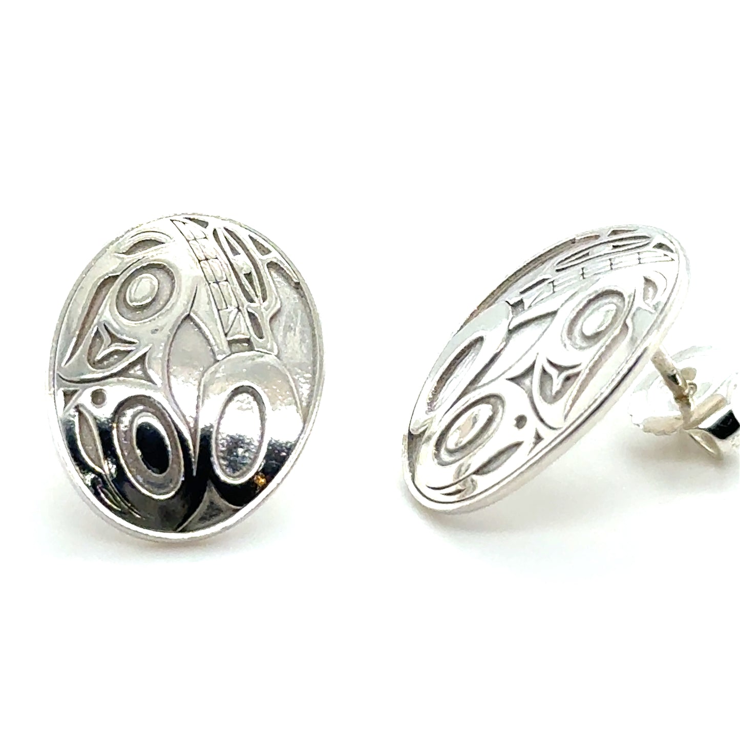 Earrings - Sterling Silver - Stud - Oval - Wolf - 17mm