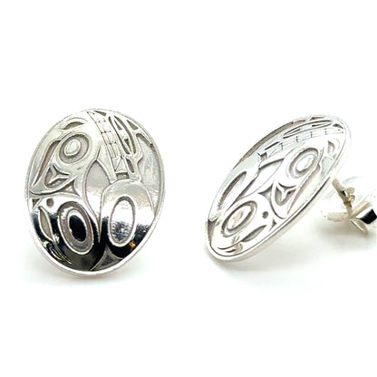 Earrings - Sterling Silver - Stud - Oval - Wolf - 17mm