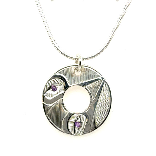 Pendant - Sterling Silver - Round - Hummingbirds - Amethyst