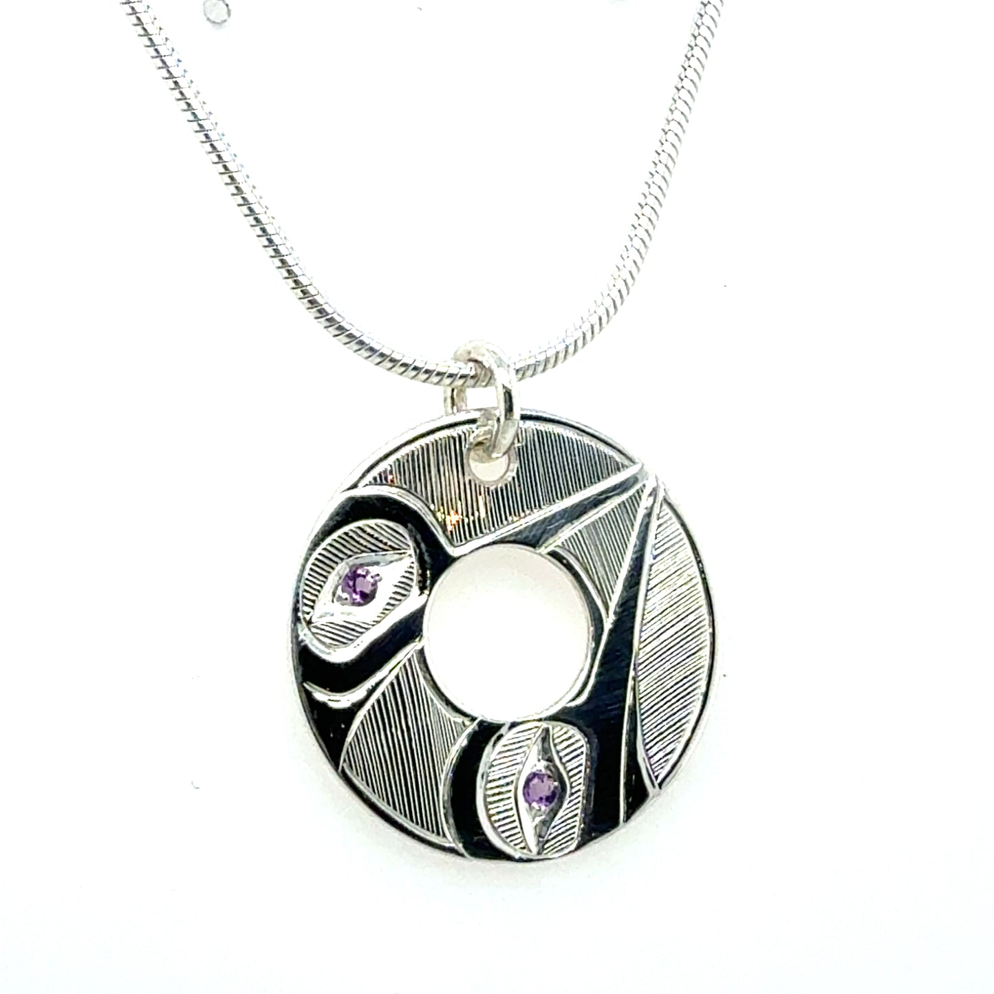 Pendant - Sterling Silver - Round - Hummingbirds - Amethyst