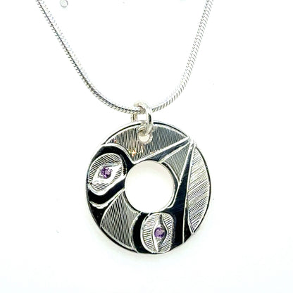 Pendant - Sterling Silver - Round - Hummingbirds - Amethyst