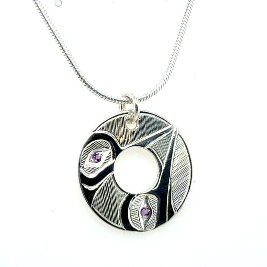 Pendant - Sterling Silver - Round - Hummingbirds - Amethyst