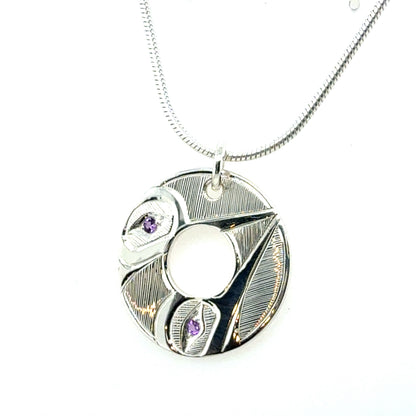 Pendant - Sterling Silver - Round - Hummingbirds - Amethyst
