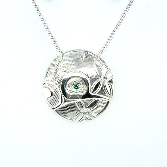 Pendant - Sterling Silver - Round - Hummingbird - Emerald (Lab)