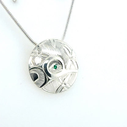 Pendant - Sterling Silver - Round - Hummingbird - Emerald (Lab)
