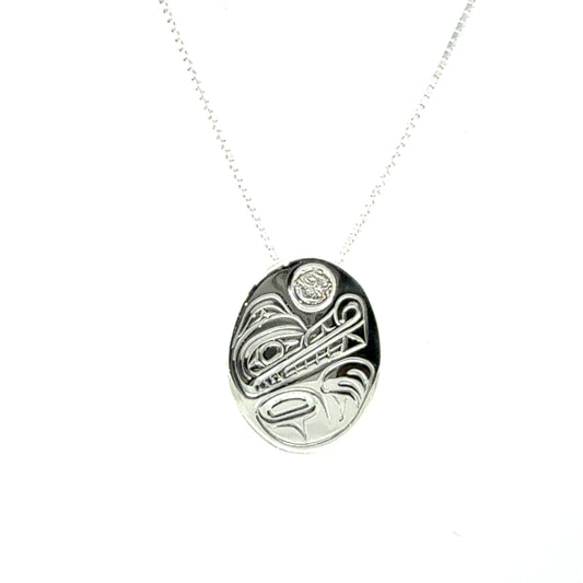 Pendant - Sterling Silver - Oval - Small - Wolf & Moon